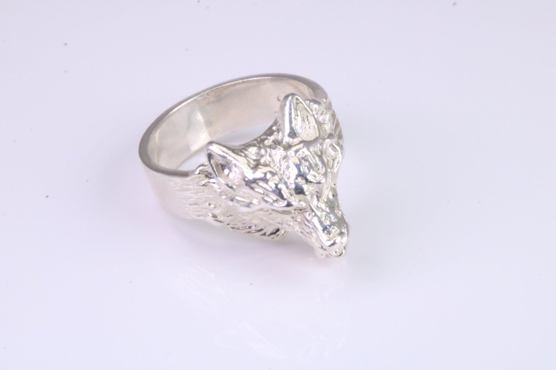 Large and heavy Wolf Head ring, made from solid cast silver, British Hallmarked