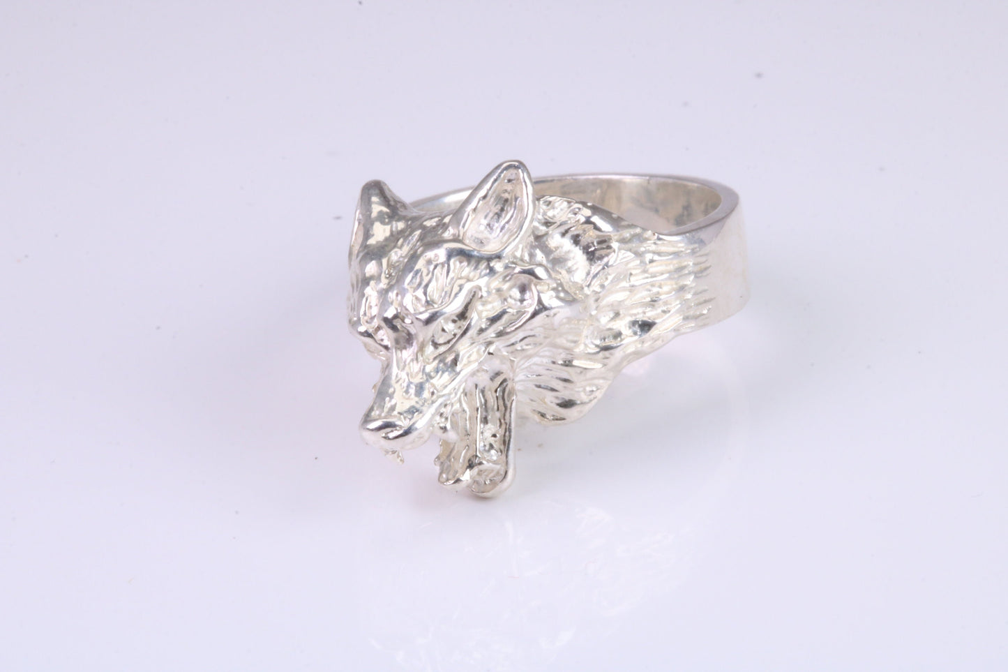 Large and heavy Wolf Head ring, made from solid cast silver, British Hallmarked
