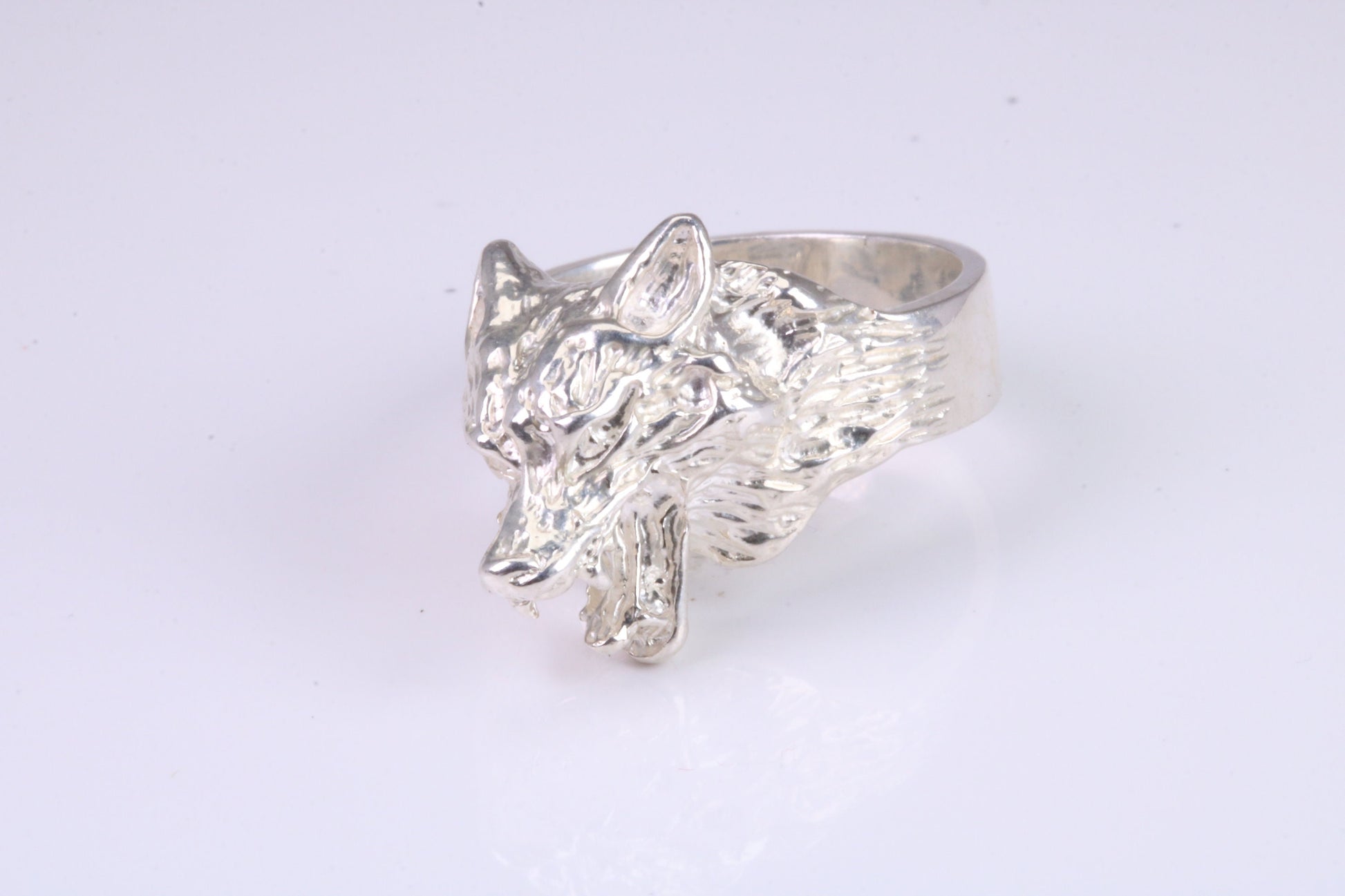 Large and heavy Wolf Head ring, made from solid cast silver, British Hallmarked