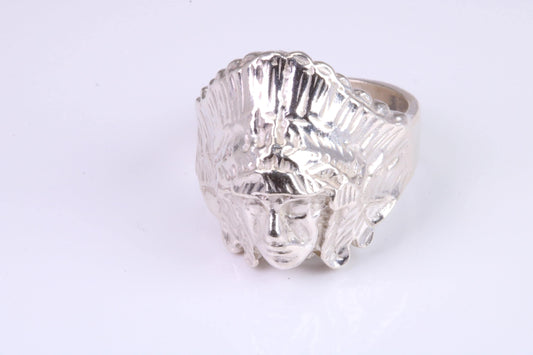 Large and heavy American Indian Head Ring, made from solid cast silver, British Hallmarked