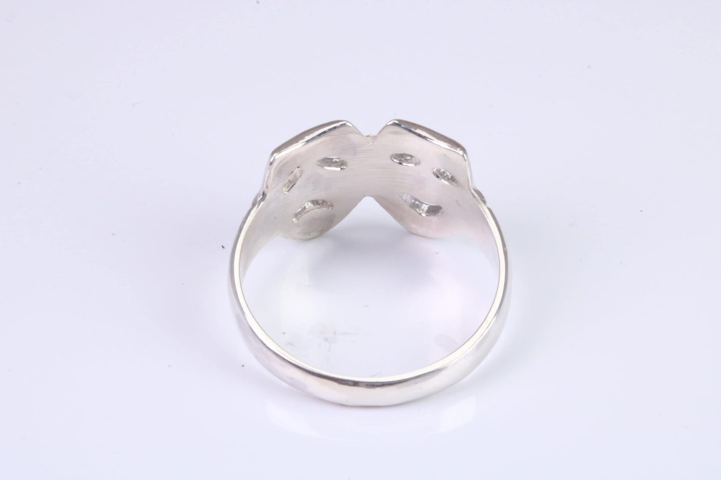 Happy and Sad mask ring, solid silver, suitable for ladies or gents. Available in silver, yellow gold, white gold and platinum