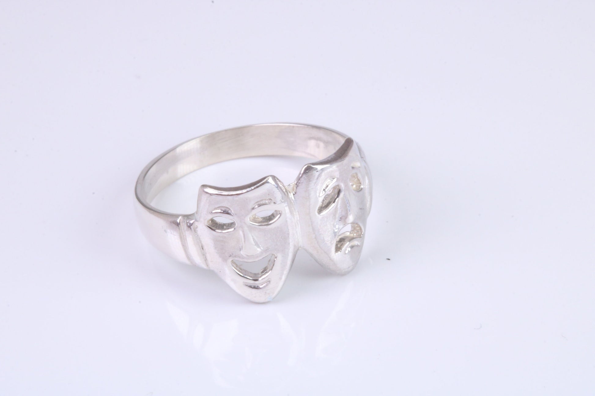Happy and Sad mask ring, solid silver, suitable for ladies or gents. Available in silver, yellow gold, white gold and platinum
