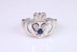 Large and heavy stone set Claddagh ring, set with Sapphire Blue C Z, solid cast silver