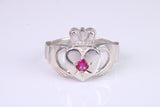 Large and heavy stone set Claddagh ring, set with Ruby Red C Z, solid cast silver