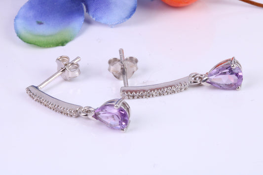 25 mm Long Amethyst and Diamond White C Z set Dropper Earrings, Made from Solid 925 Grade Sterling Silver