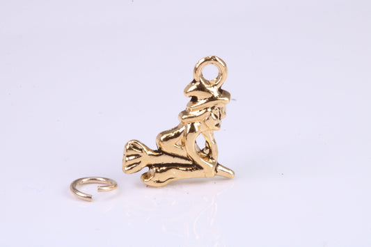 Witch on Broom Stick Charm, Traditional Charm, Made from Solid Cast British Hallmarked Yellow Gold