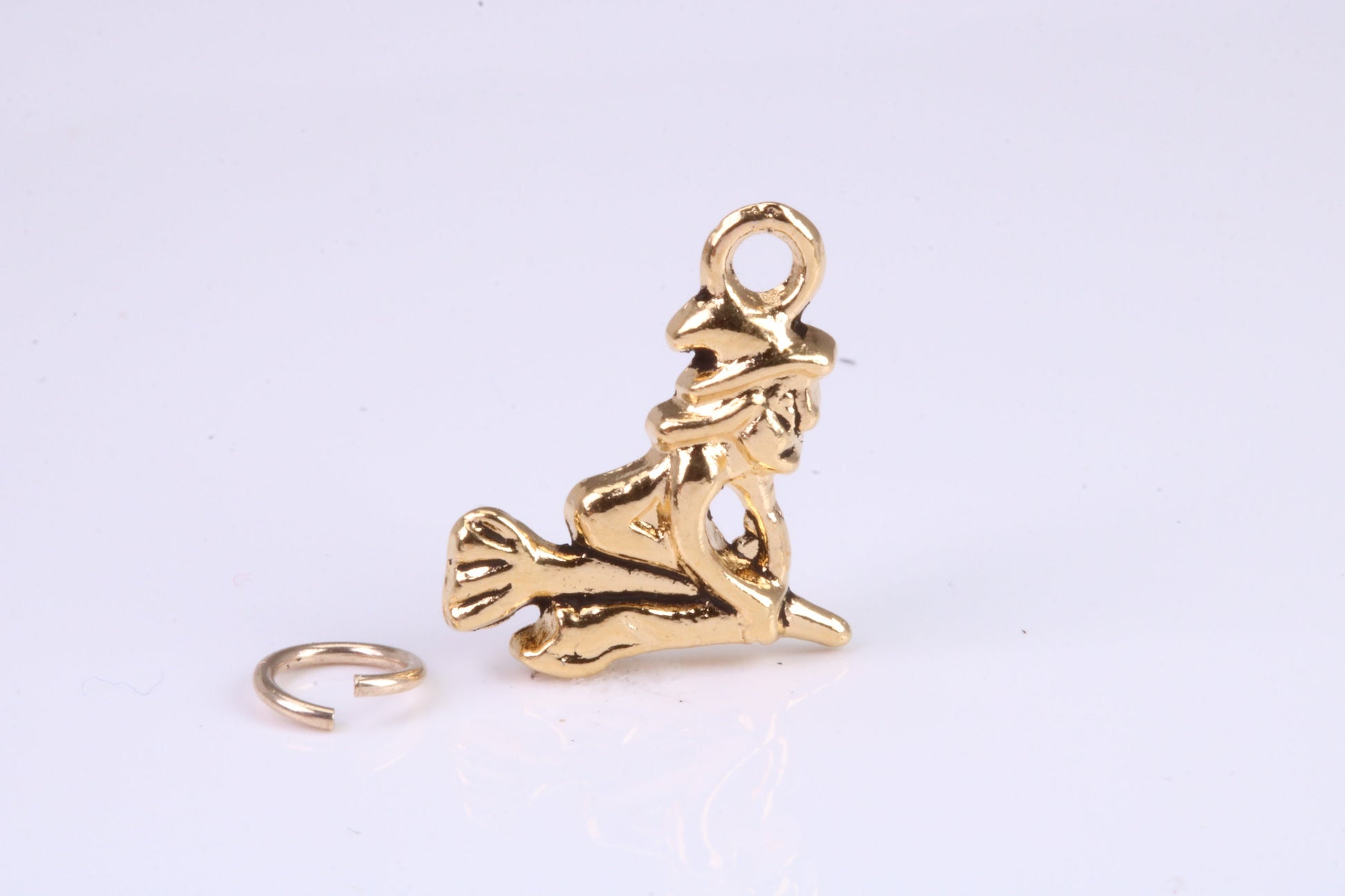 Witch on Broom Stick Charm, Traditional Charm, Made from Solid Cast British Hallmarked Yellow Gold