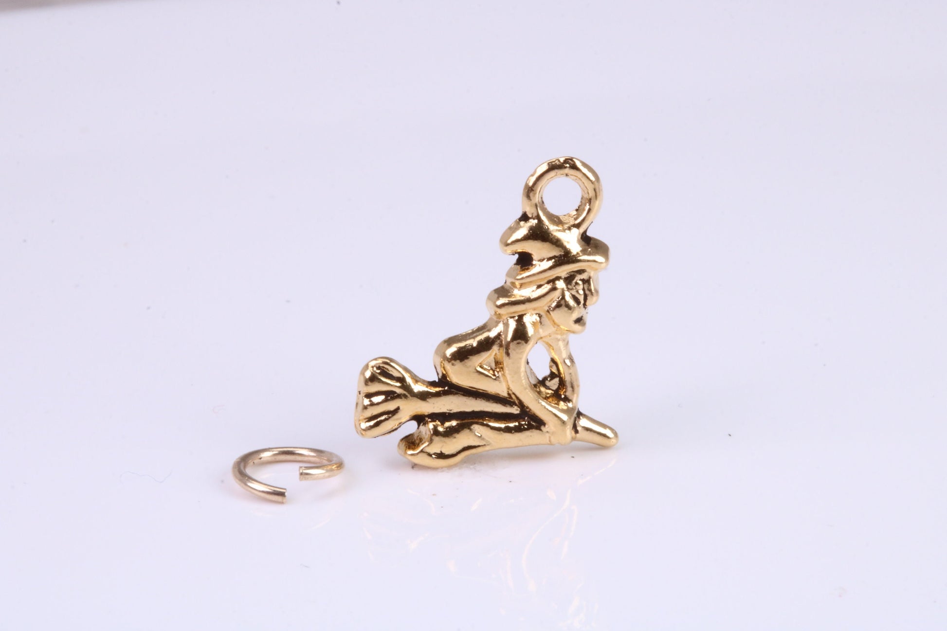 Witch on Broom Stick Charm, Traditional Charm, Made from Solid Cast British Hallmarked Yellow Gold