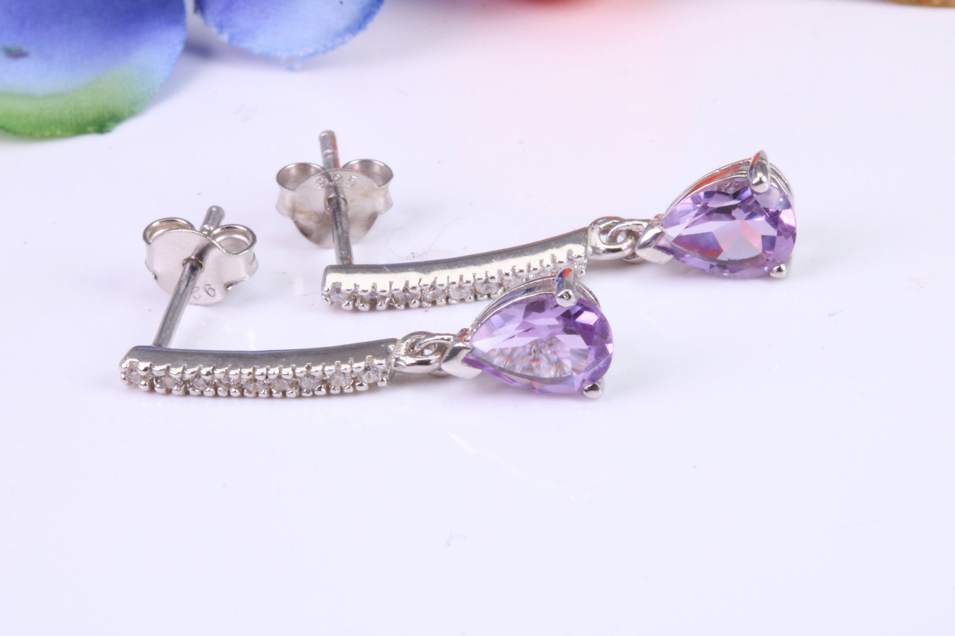 25 mm Long Amethyst and Diamond White C Z set Dropper Earrings, Made from Solid 925 Grade Sterling Silver