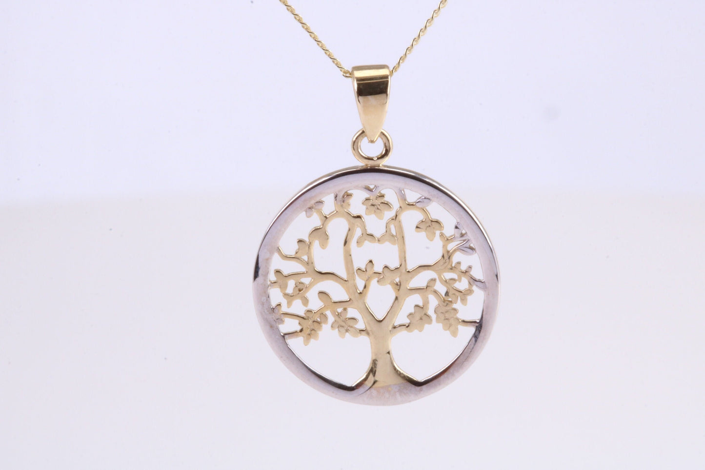 Tree of Live Necklace, Two Tone Finished Together with 18 Inch Long Chain, Made from Solid Yellow Gold with High Polished Finish
