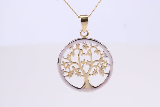 Tree of Live Necklace, Two Tone Finished Together with 18 Inch Long Chain, Made from Solid Yellow Gold with High Polished Finish