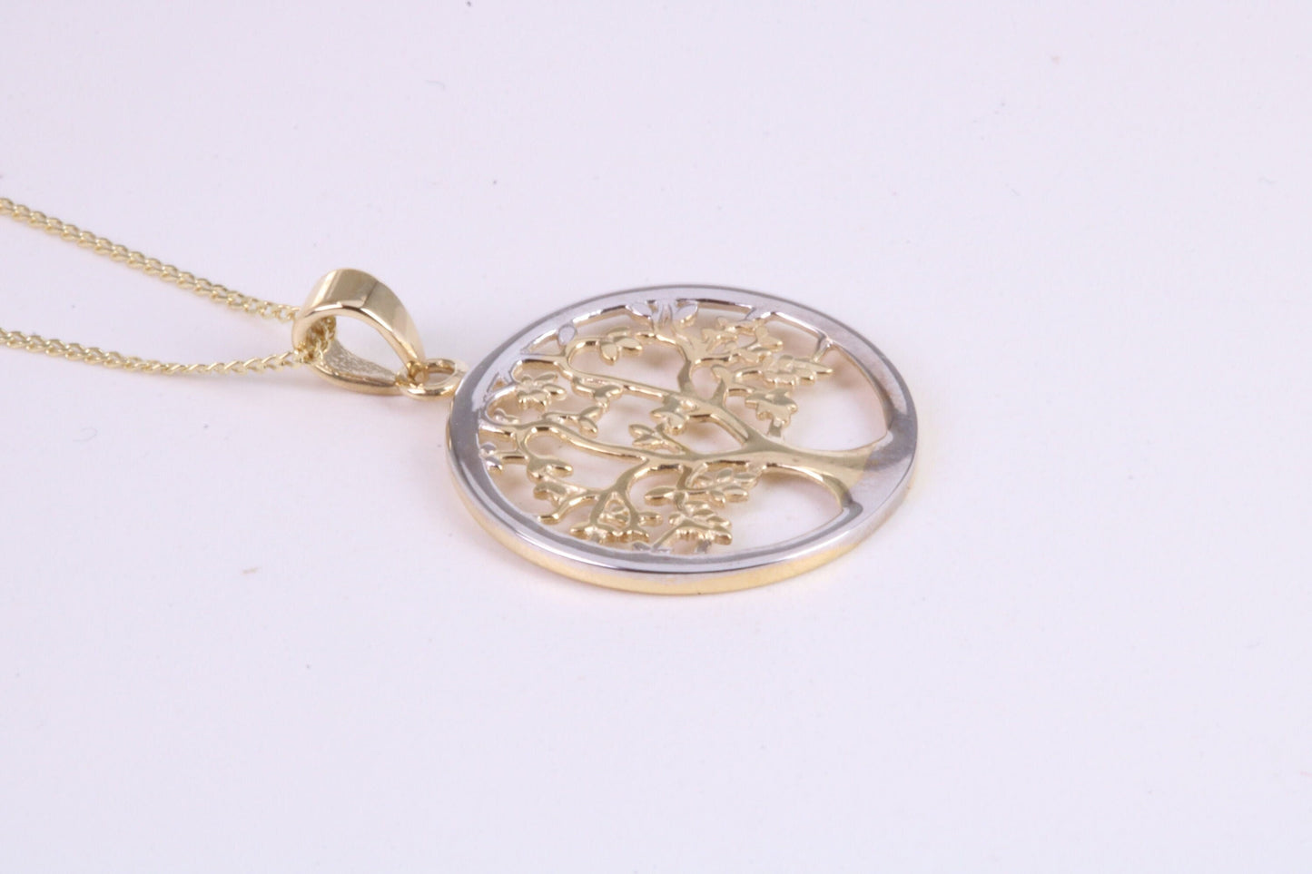 Tree of Live Necklace, Two Tone Finished Together with 18 Inch Long Chain, Made from Solid Yellow Gold with High Polished Finish