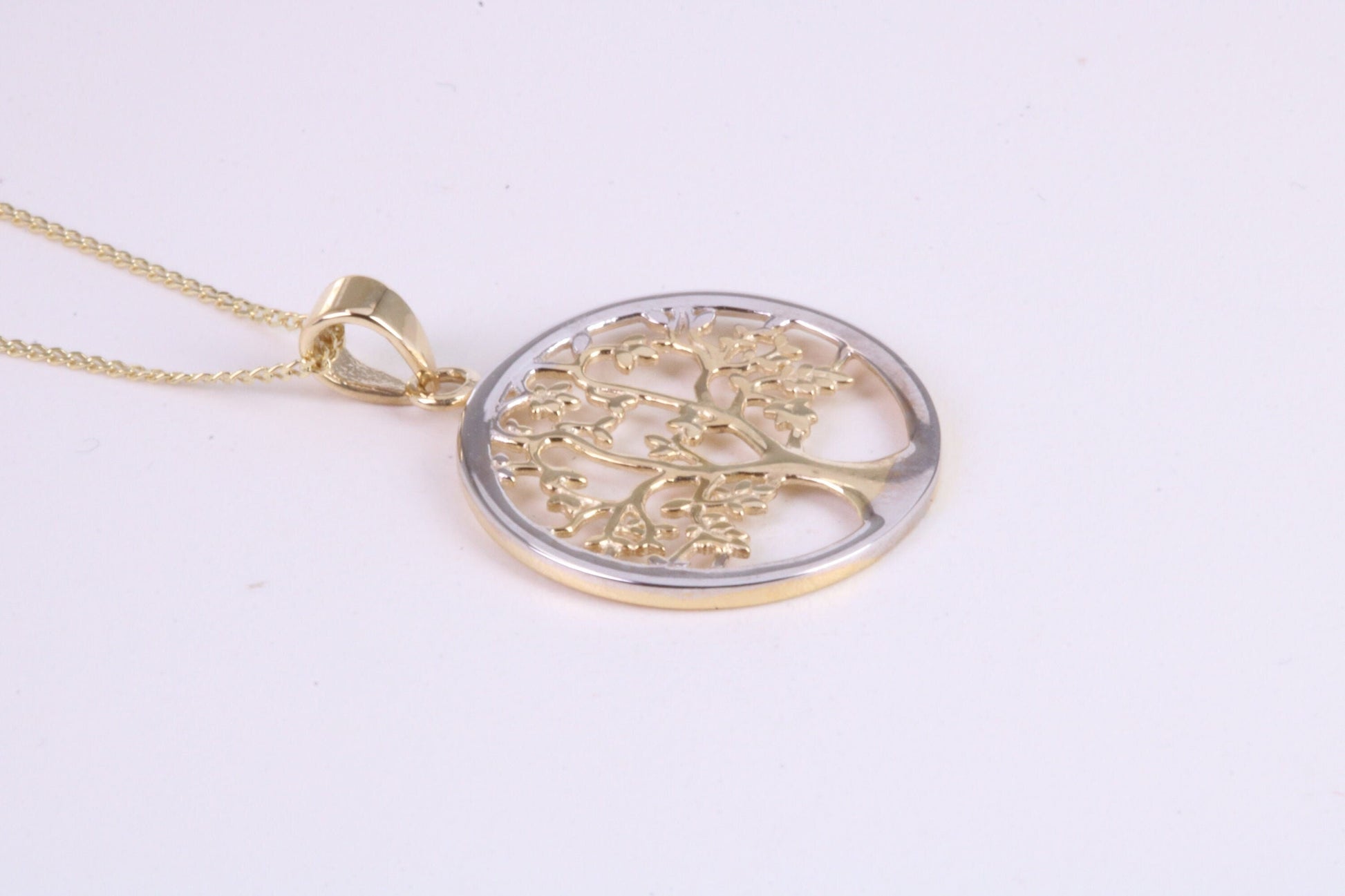Tree of Live Necklace, Two Tone Finished Together with 18 Inch Long Chain, Made from Solid Yellow Gold with High Polished Finish