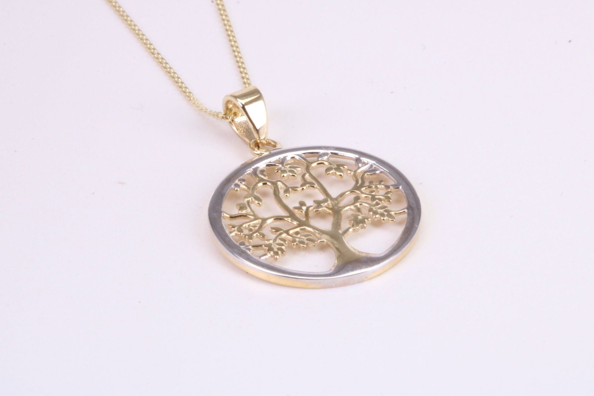 Tree of Live Necklace, Two Tone Finished Together with 18 Inch Long Chain, Made from Solid Yellow Gold with High Polished Finish