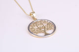 Tree of Live Necklace, Two Tone Finished Together with 18 Inch Long Chain, Made from Solid Yellow Gold with High Polished Finish