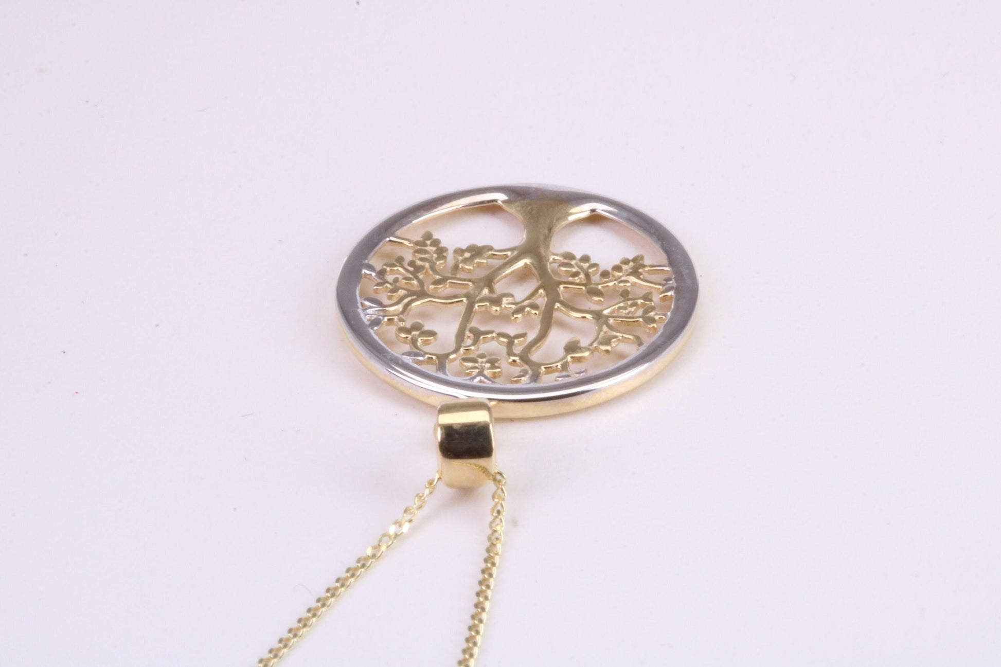 Tree of Live Necklace, Two Tone Finished Together with 18 Inch Long Chain, Made from Solid Yellow Gold with High Polished Finish