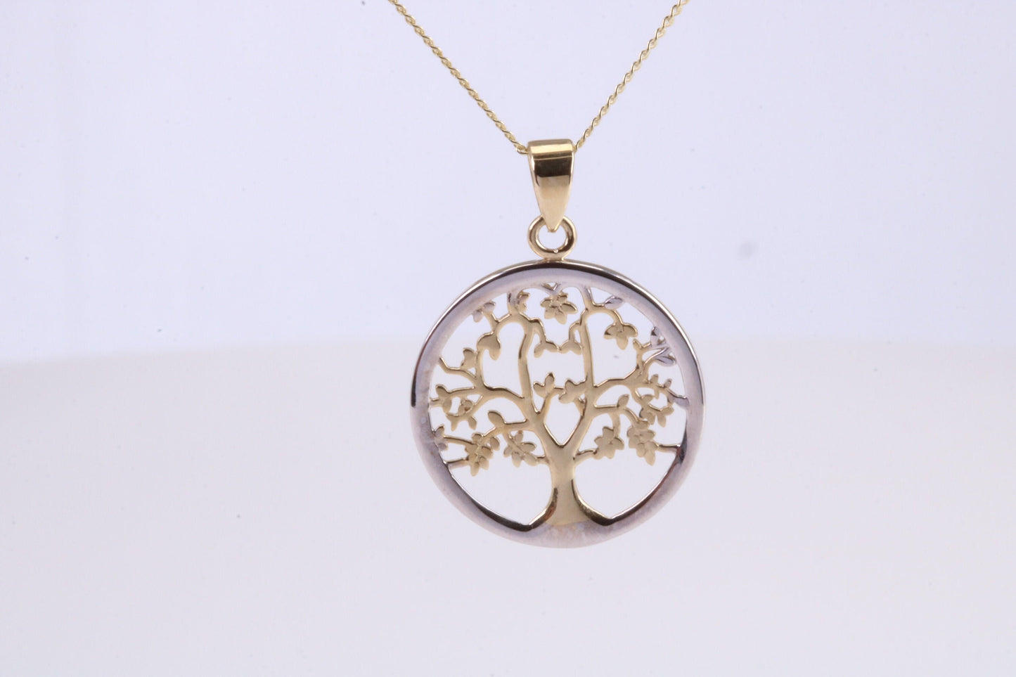 Tree of Live Necklace, Two Tone Finished Together with 18 Inch Long Chain, Made from Solid Yellow Gold with High Polished Finish