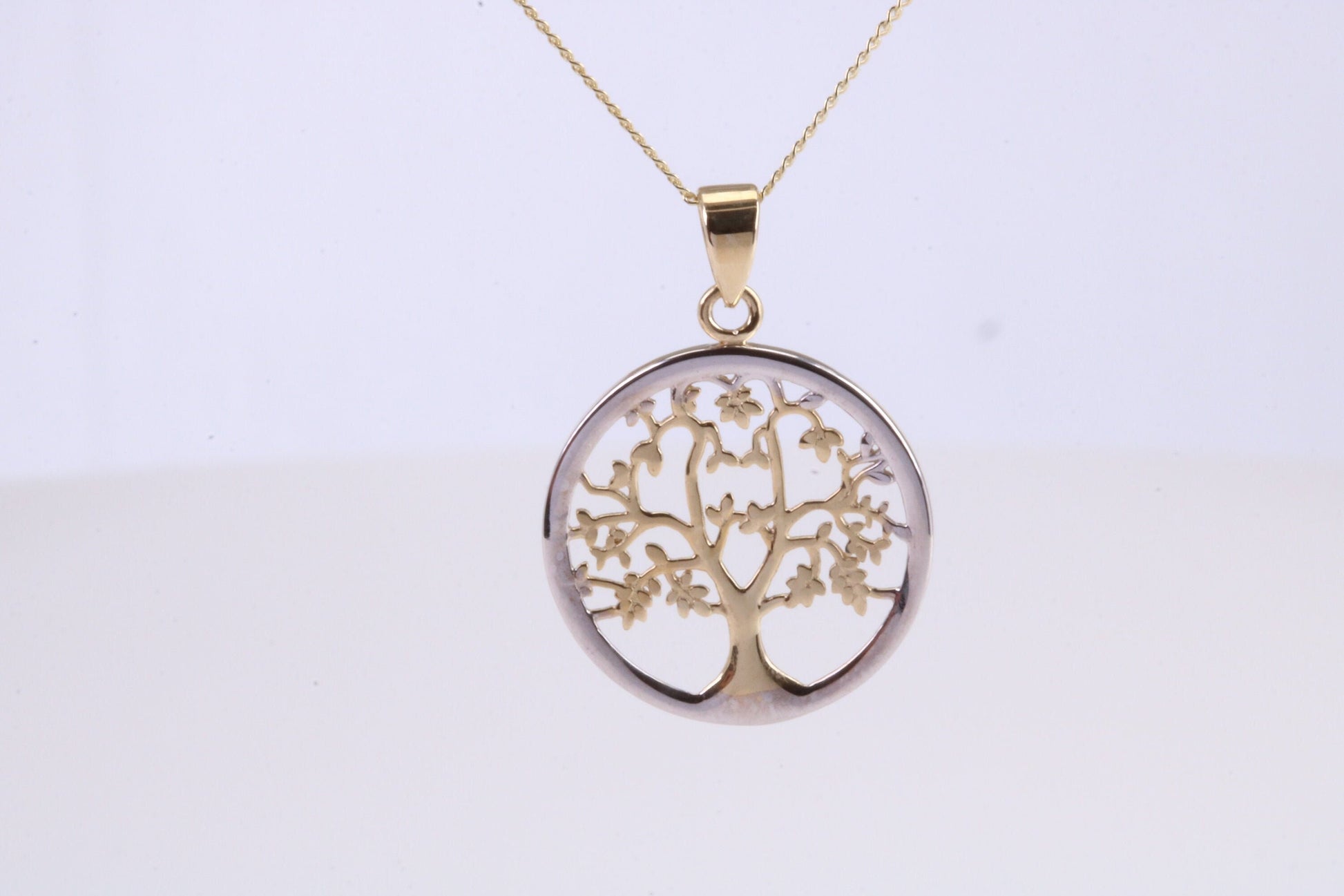 Tree of Live Necklace, Two Tone Finished Together with 18 Inch Long Chain, Made from Solid Yellow Gold with High Polished Finish