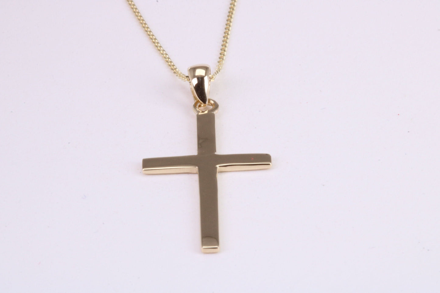 Simple 33 mm Long Cross Together with 18 Inch Long Chain, Made from Solid Yellow Gold with High Polished Finish