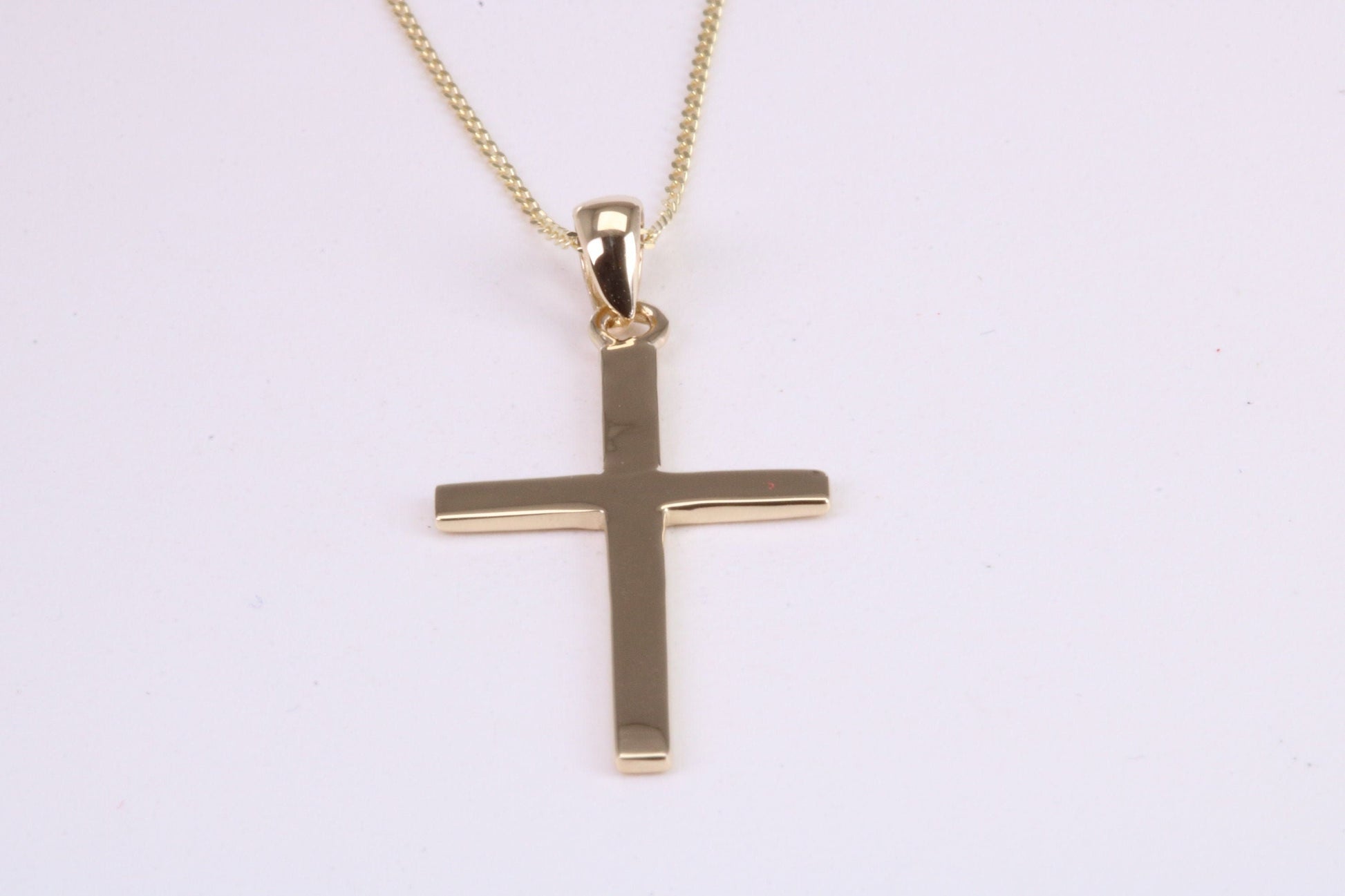 Simple 33 mm Long Cross Together with 18 Inch Long Chain, Made from Solid Yellow Gold with High Polished Finish
