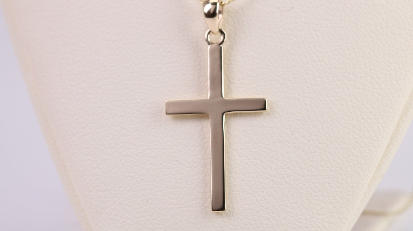 Simple 33 mm Long Cross Together with 18 Inch Long Chain, Made from Solid Yellow Gold with High Polished Finish