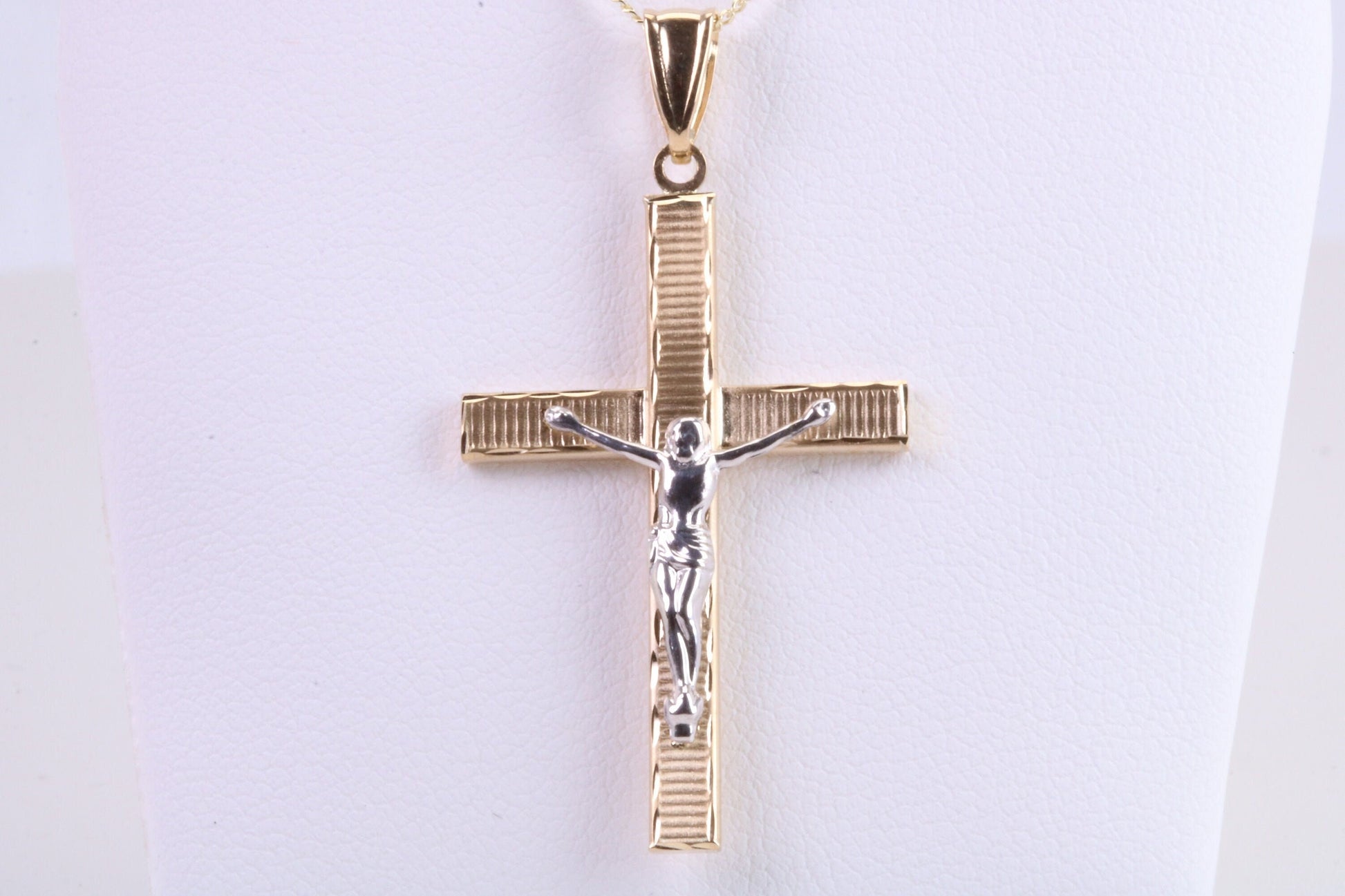 35 mm Long Two Tone Crucifix Necklace Together with 18 Inch Long Chain, Made from Solid Yellow Gold with High Polished Finish