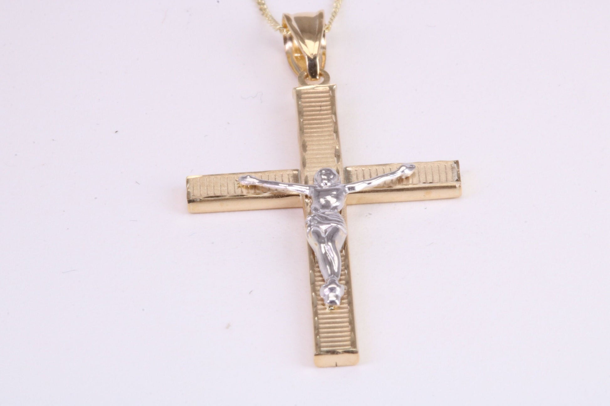 35 mm Long Two Tone Crucifix Necklace Together with 18 Inch Long Chain, Made from Solid Yellow Gold with High Polished Finish