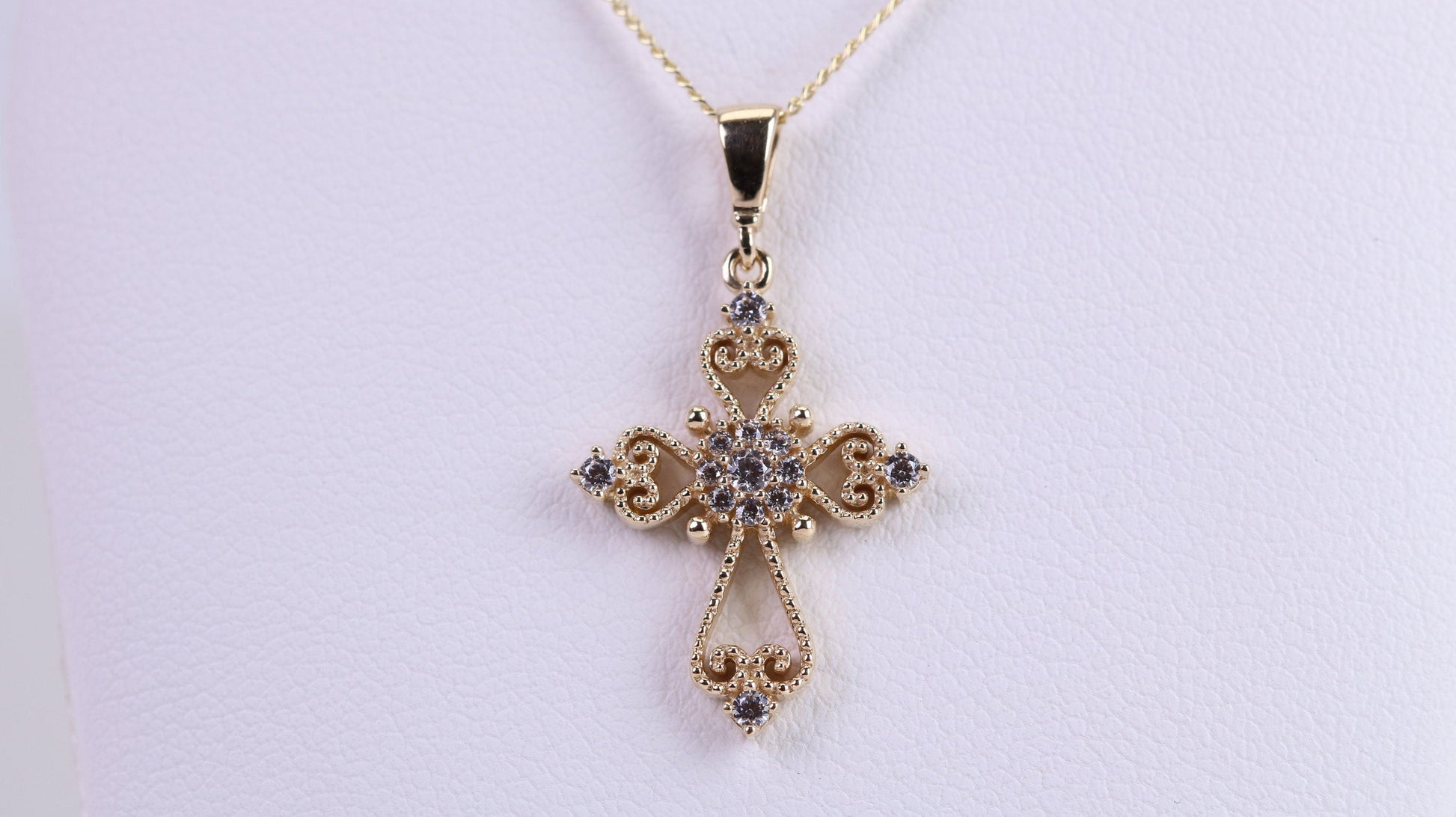 20 mm Long C Z set Filigree Cross Together with 18 Inch Long Chain, Made from Solid Yellow Gold with High Polished Finish