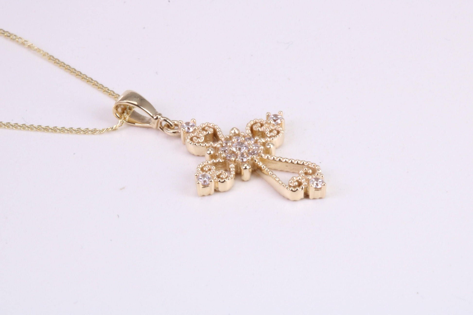 20 mm Long C Z set Filigree Cross Together with 18 Inch Long Chain, Made from Solid Yellow Gold with High Polished Finish