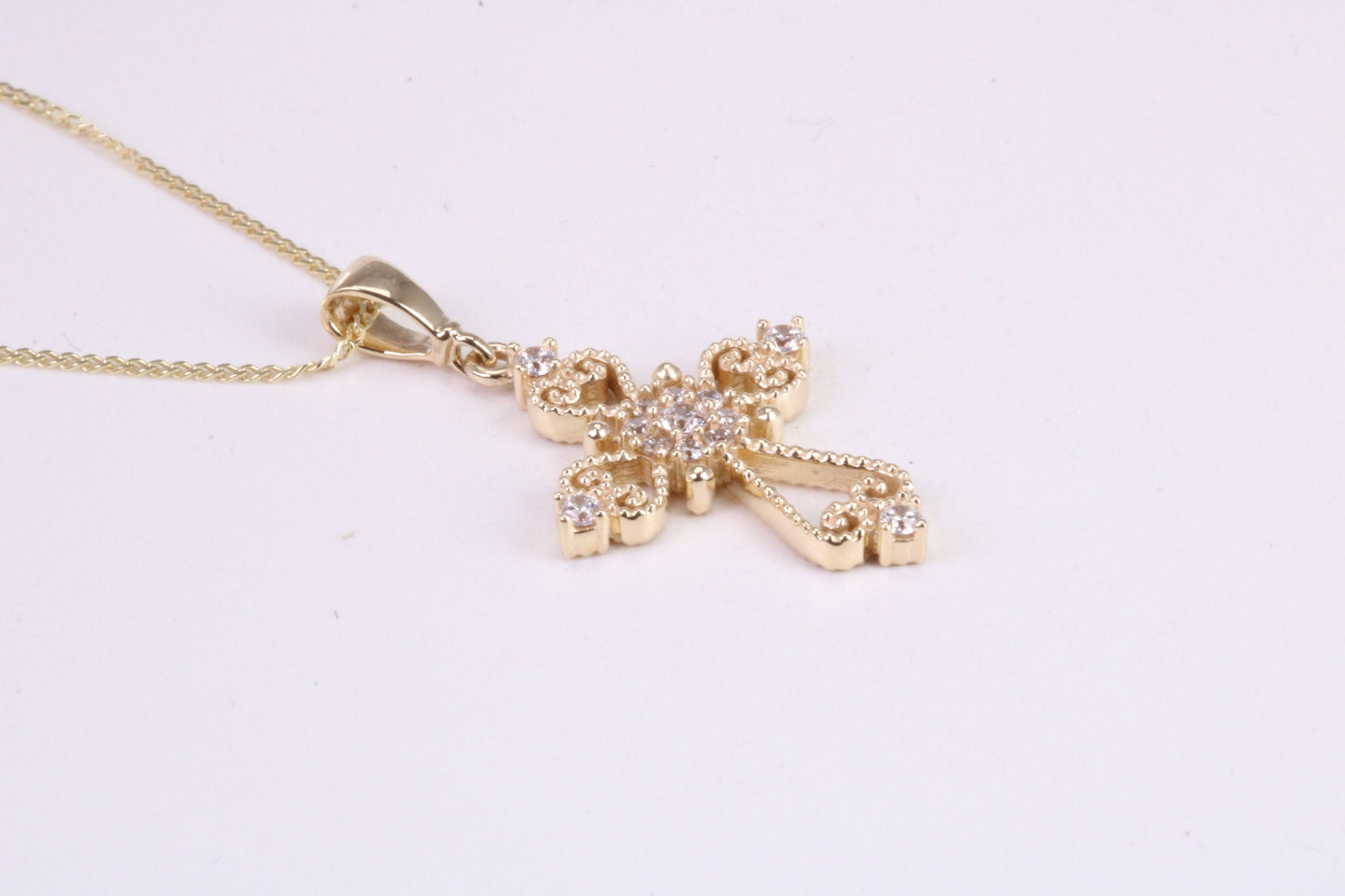 20 mm Long C Z set Filigree Cross Together with 18 Inch Long Chain, Made from Solid Yellow Gold with High Polished Finish