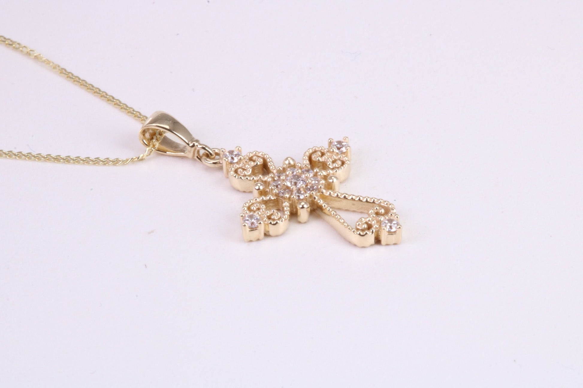 20 mm Long C Z set Filigree Cross Together with 18 Inch Long Chain, Made from Solid Yellow Gold with High Polished Finish