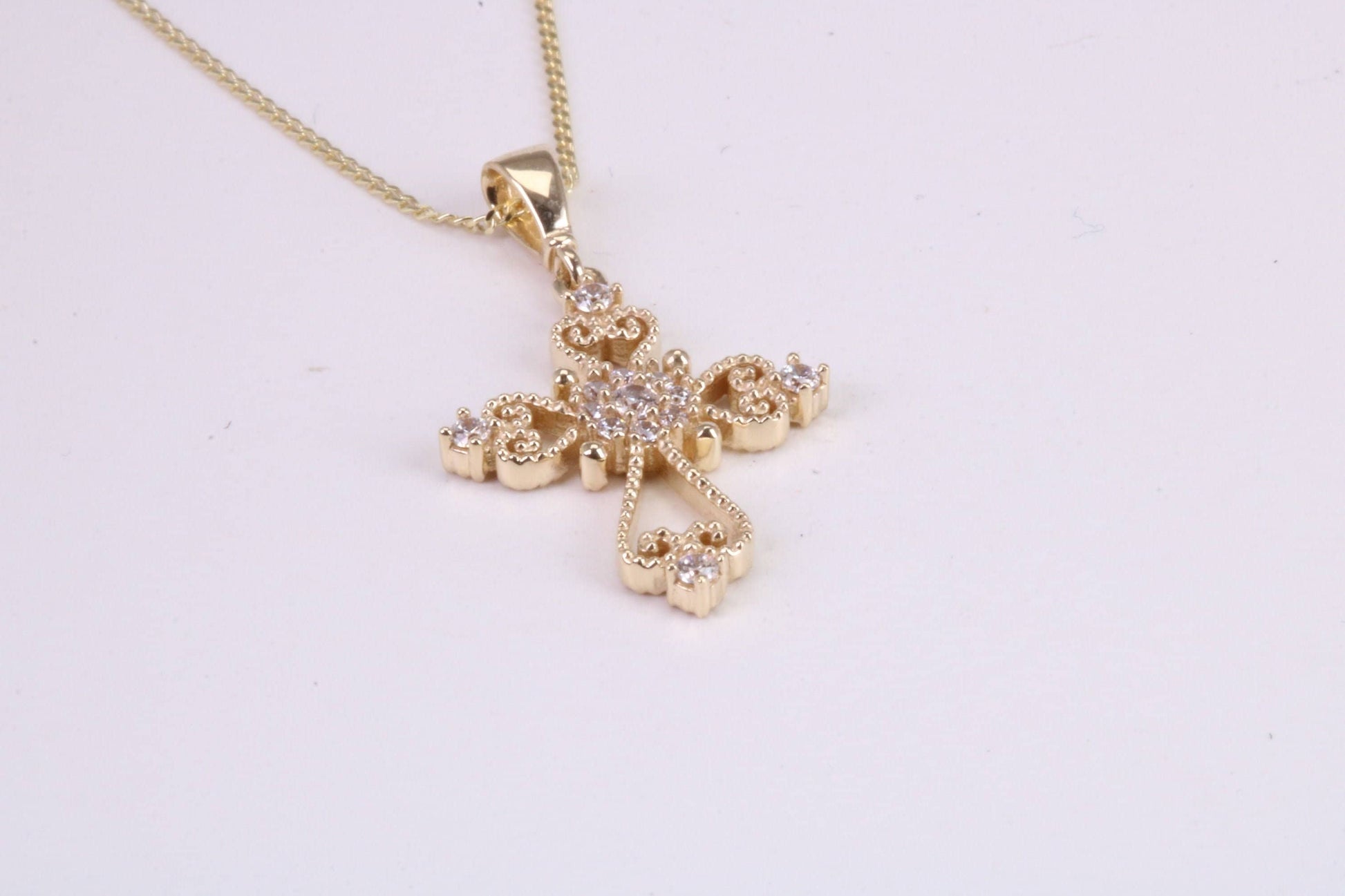 20 mm Long C Z set Filigree Cross Together with 18 Inch Long Chain, Made from Solid Yellow Gold with High Polished Finish