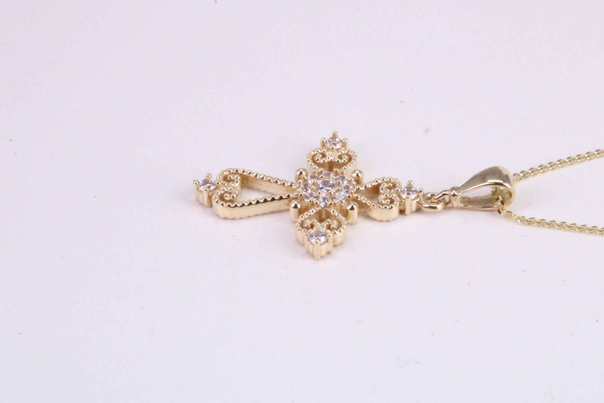 20 mm Long C Z set Filigree Cross Together with 18 Inch Long Chain, Made from Solid Yellow Gold with High Polished Finish