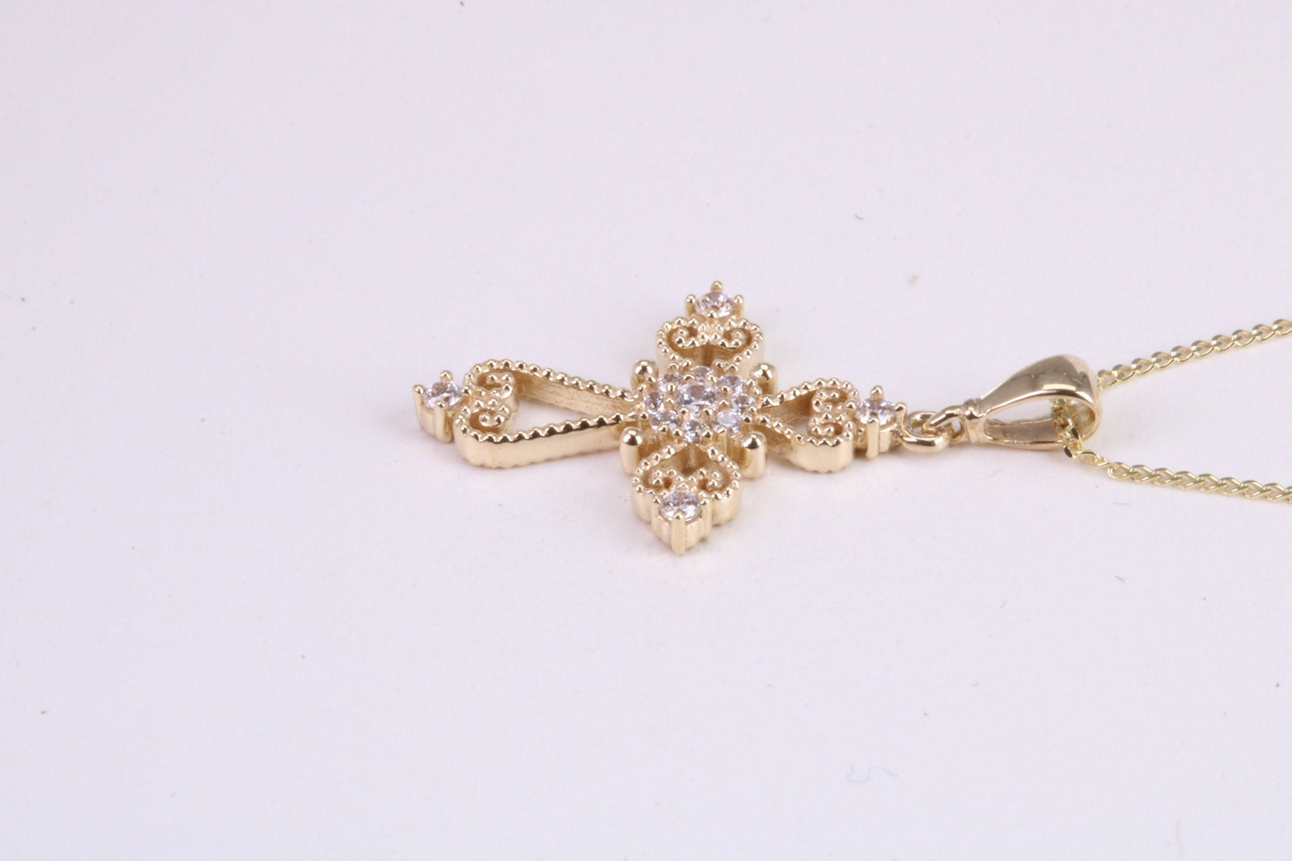 20 mm Long C Z set Filigree Cross Together with 18 Inch Long Chain, Made from Solid Yellow Gold with High Polished Finish