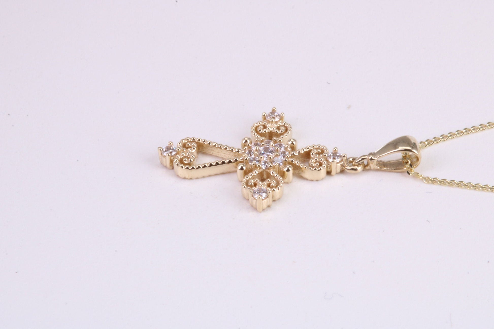 20 mm Long C Z set Filigree Cross Together with 18 Inch Long Chain, Made from Solid Yellow Gold with High Polished Finish