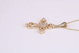 20 mm Long C Z set Filigree Cross Together with 18 Inch Long Chain, Made from Solid Yellow Gold with High Polished Finish