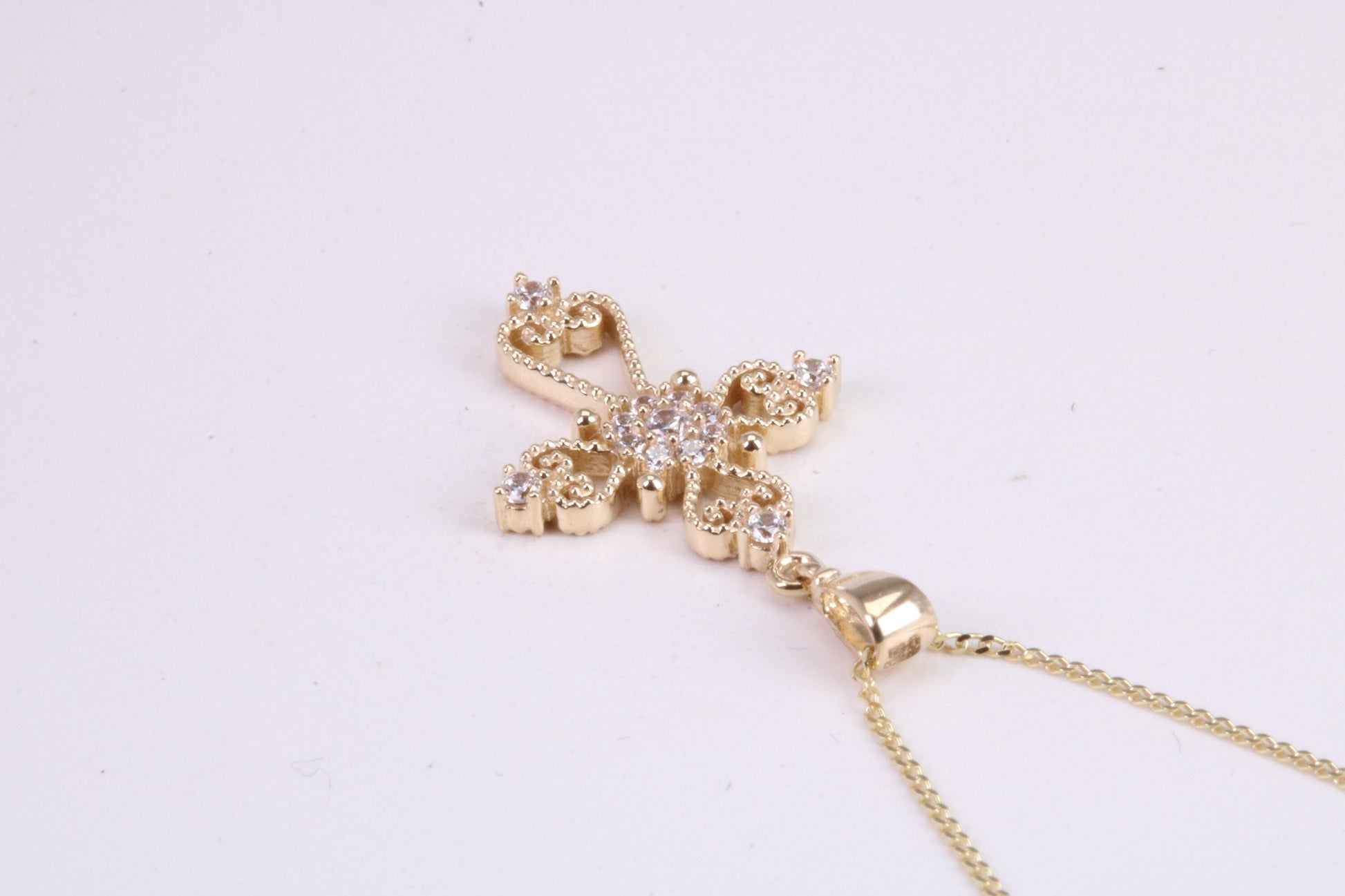 20 mm Long C Z set Filigree Cross Together with 18 Inch Long Chain, Made from Solid Yellow Gold with High Polished Finish