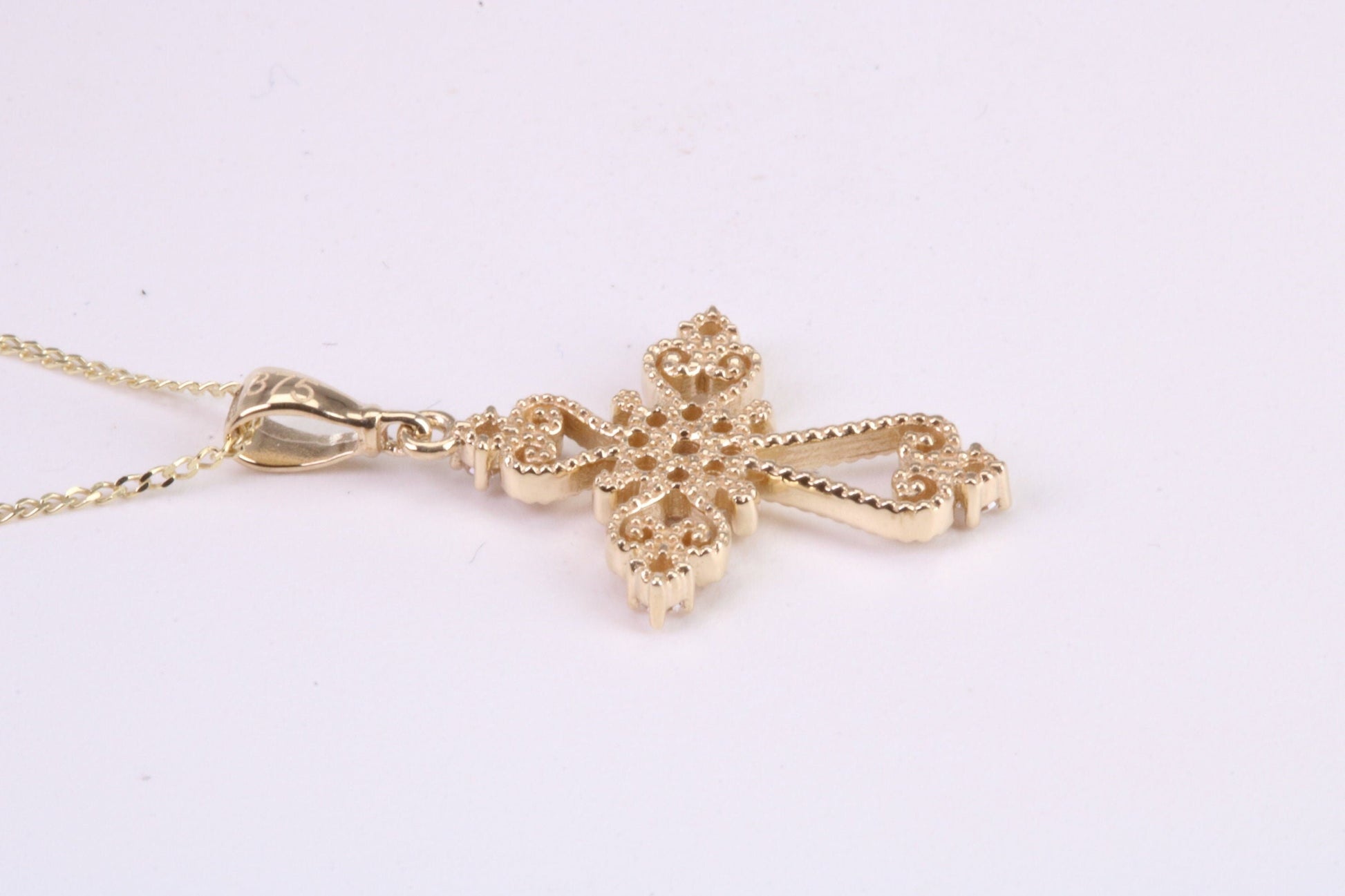 20 mm Long C Z set Filigree Cross Together with 18 Inch Long Chain, Made from Solid Yellow Gold with High Polished Finish