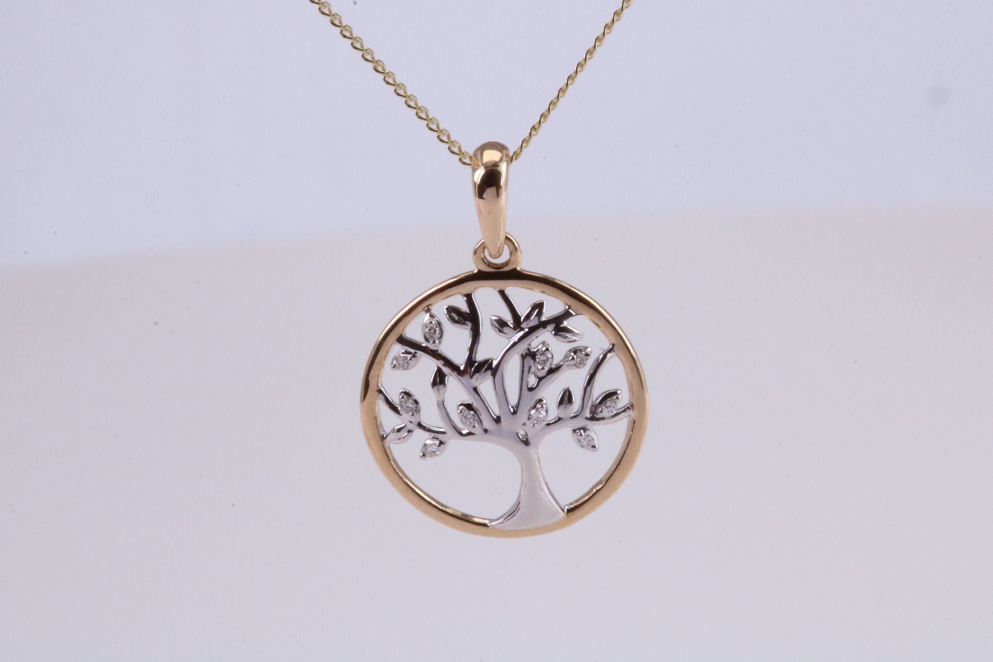 Diamond set Tree of Live Necklace, Two Tone Finish, Together with 18 Inch Long Chain, Made from Solid Yellow Gold