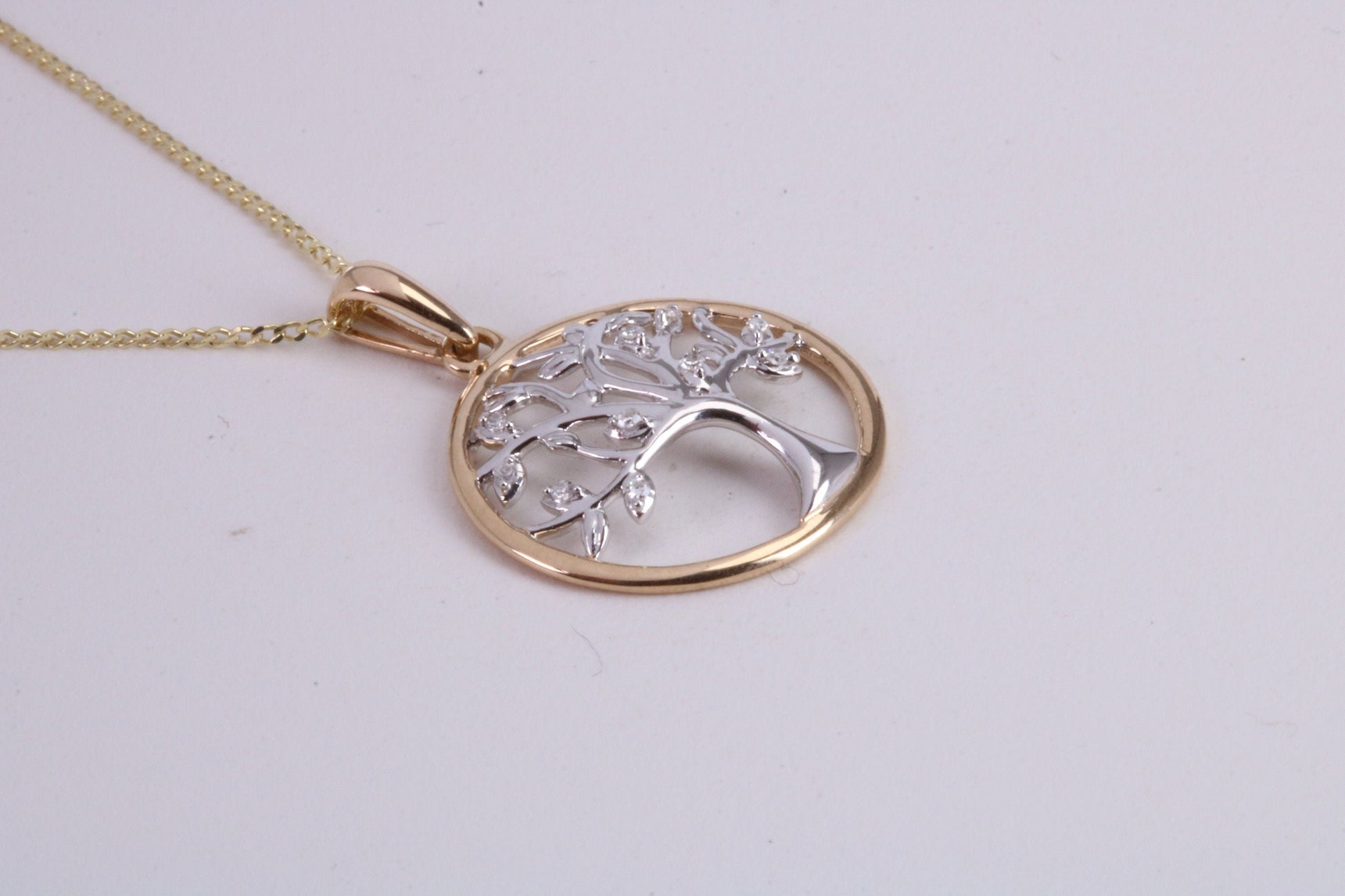 Diamond set Tree of Live Necklace, Two Tone Finish, Together with 18 Inch Long Chain, Made from Solid Yellow Gold