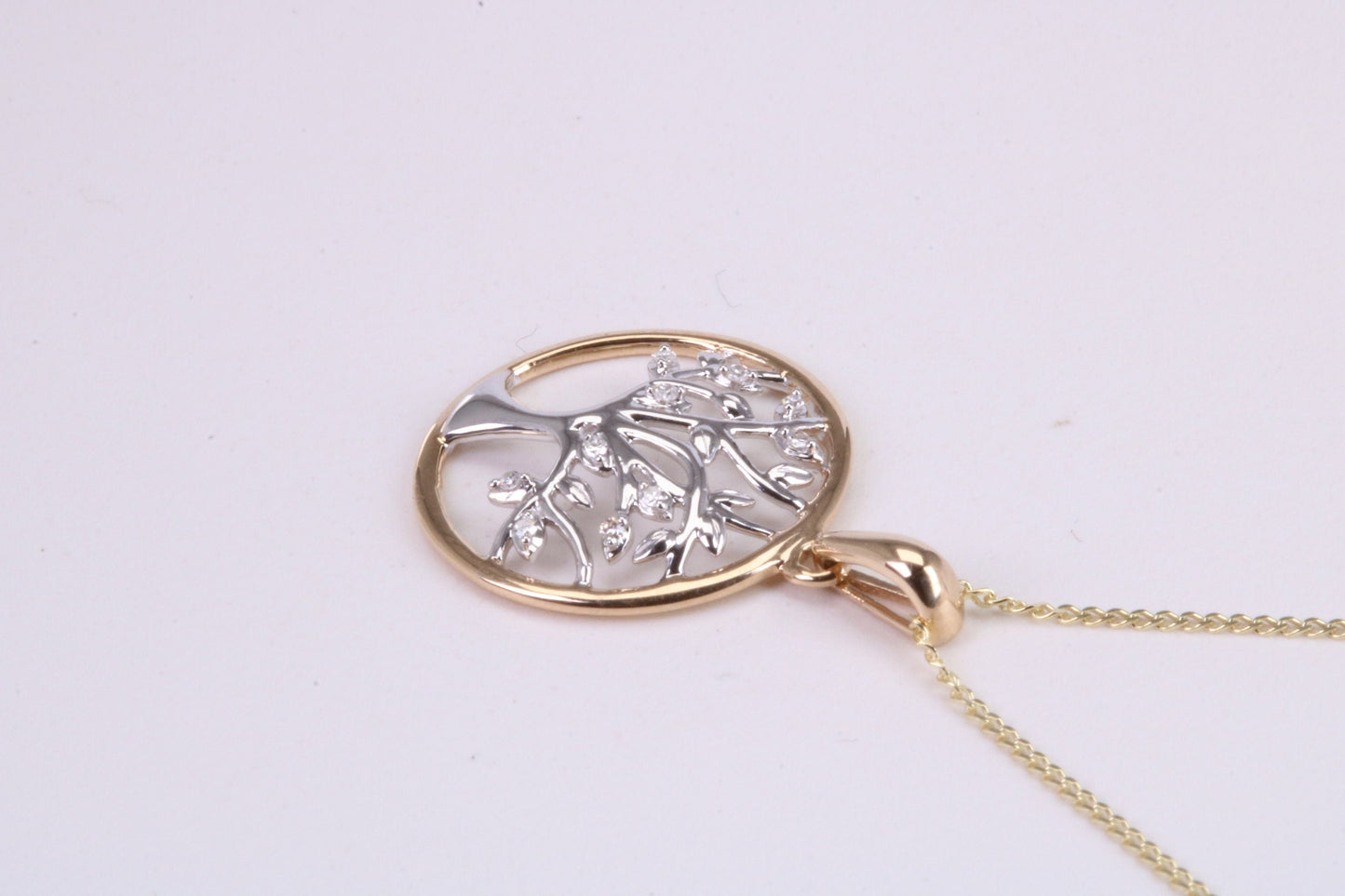 Diamond set Tree of Live Necklace, Two Tone Finish, Together with 18 Inch Long Chain, Made from Solid Yellow Gold