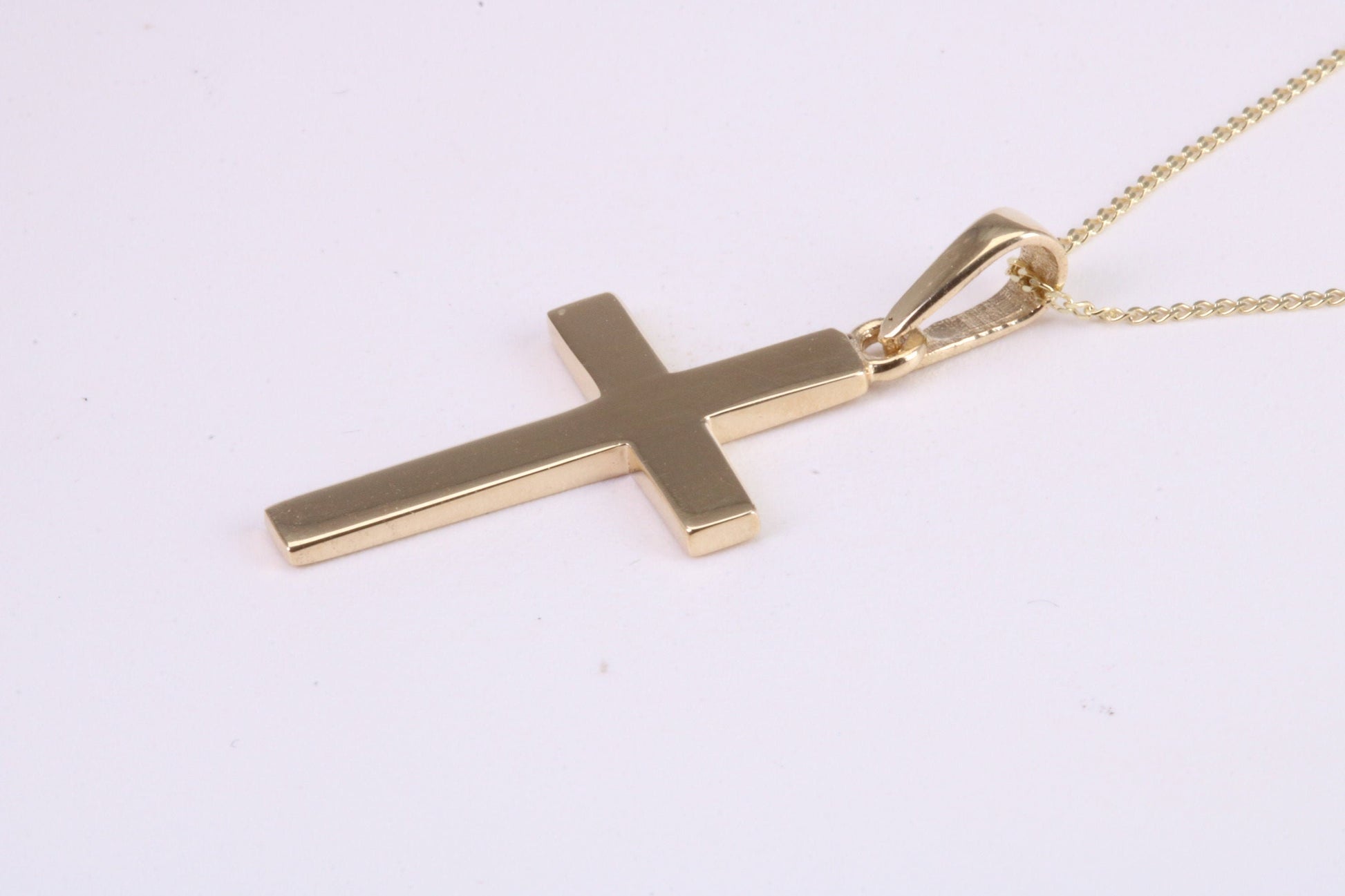 Simple 26 mm Long Cross Together with 18 Inch Long Chain, Made from Solid Yellow Gold with High Polished Finish