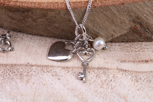 Heart, Key and Pearl Charm Necklace, made from solid Sterling Silver