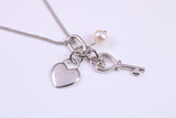 Heart, Key and Pearl Charm Necklace, made from solid Sterling Silver