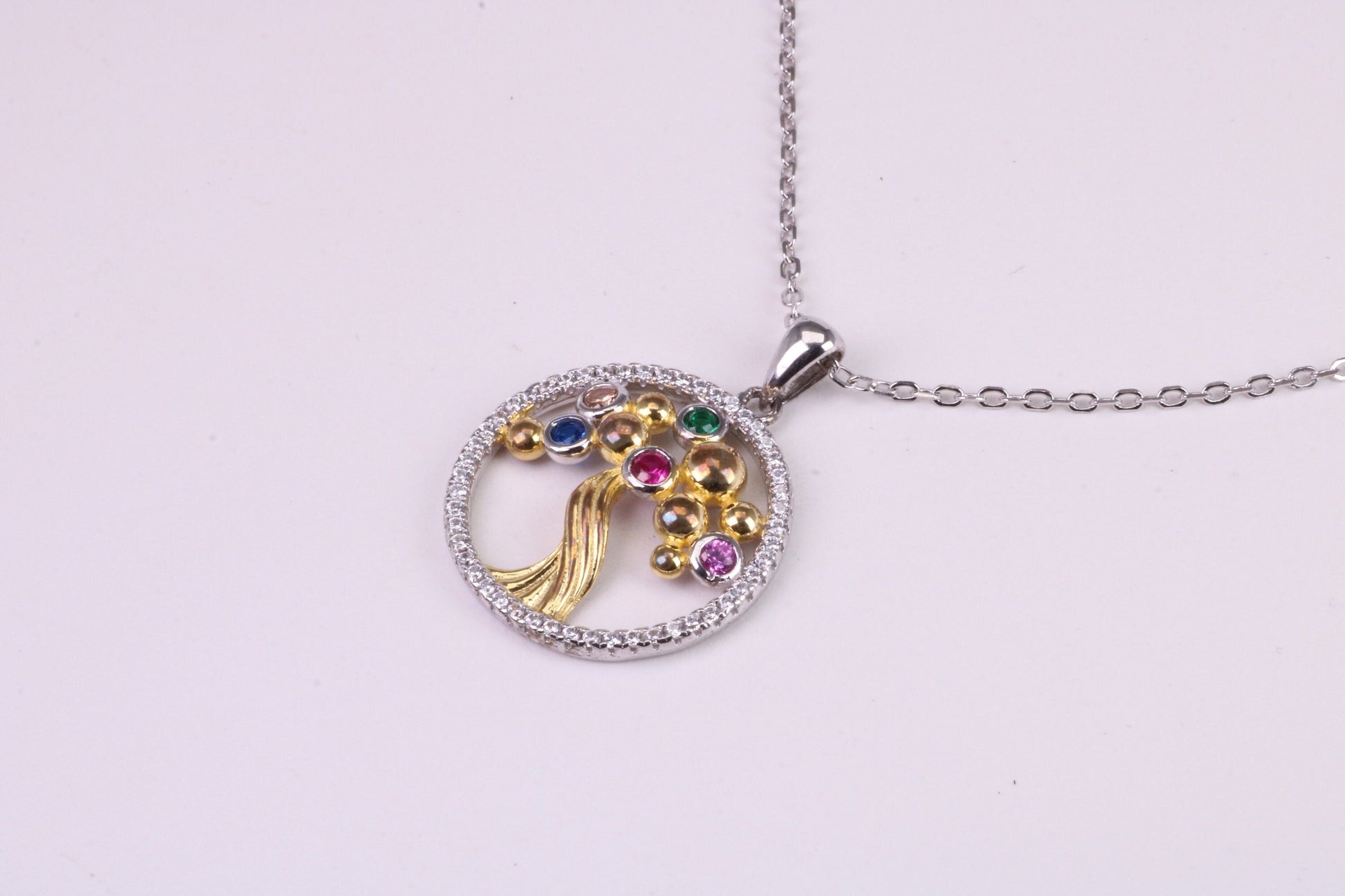 Tree of Life Cubic Zirconia set Necklace, made from solid Sterling Silver, 18ct Yellow Gold Plated, Length Adjustable Chain