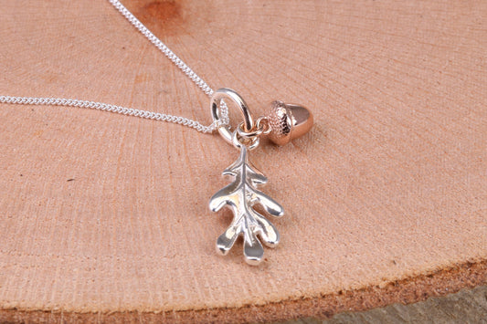 Acorn and Leaf Charm Necklace, made from solid Sterling Silver