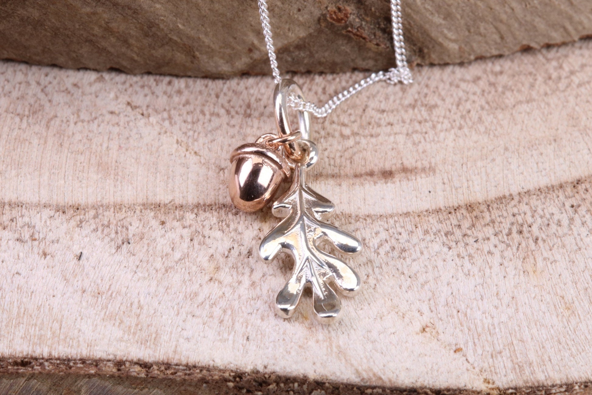 Acorn and Leaf Charm Necklace, made from solid Sterling Silver