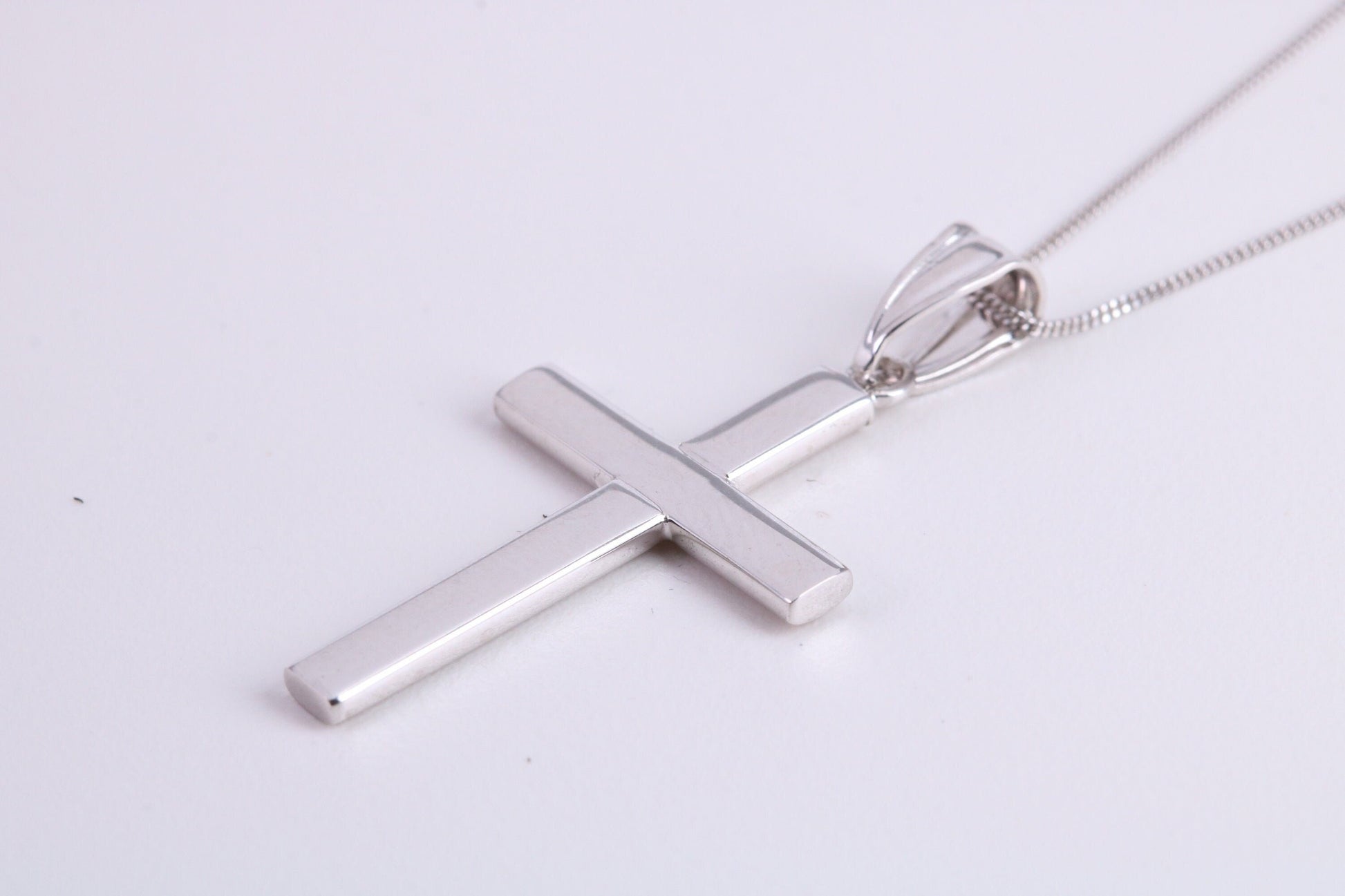27 mm Long Cross Necklace Together with 18 Inch Long Chain, Made from Solid White Gold with High Polished Finish