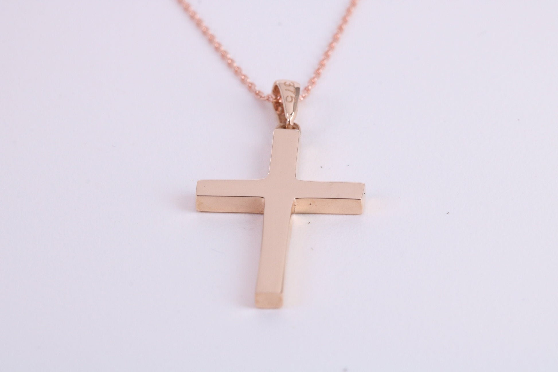 24 mm Long Rose Gold Cross Together with 18 Inch Long Chain, Made from Solid Rose Gold with High Polished Finish