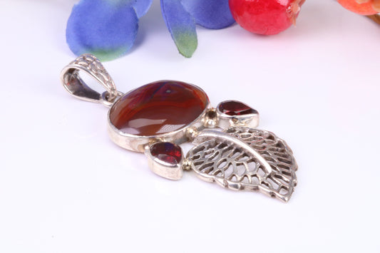 Large Brown Agate and Garnet Pendant set in Sterling Silver
